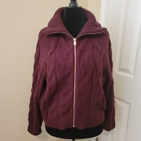 Talbots  Burgundy Large Cable Knit Zip Up Sweater Jacket Size  XLP - Picture 1 of 5
